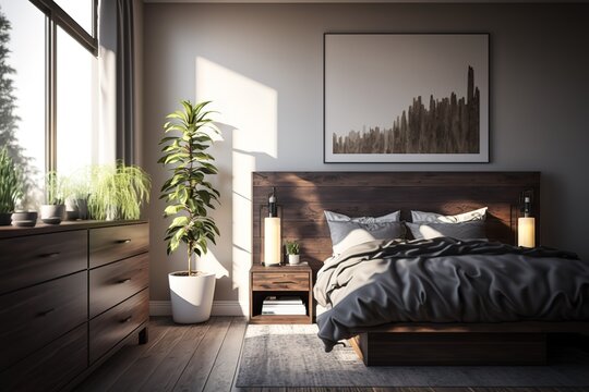Light modern master bedroom interior with darkwood bed and dresser