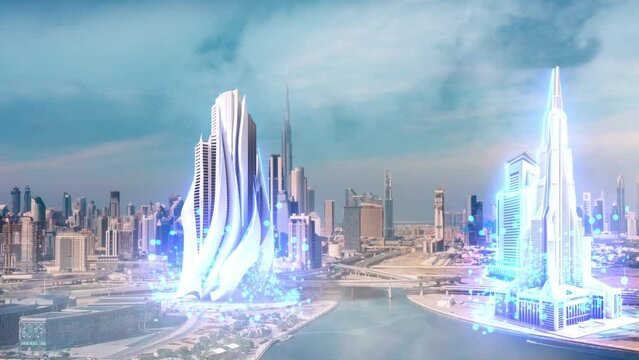 AERIAL. Dubai city in future. Real Estate Project Construction Site Industrial Building Development by Using 3D VFX Graphics. Futuristic Concept of Buildings Development