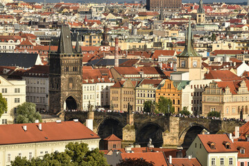 Fototapeta na wymiar City view with sideview of the Charles bridge and houses in the background, Prague, zech republic