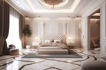 Luxurious large bedroom with marble slabs and a bed in the center. Delicate beige colors - ivory, milk, brown