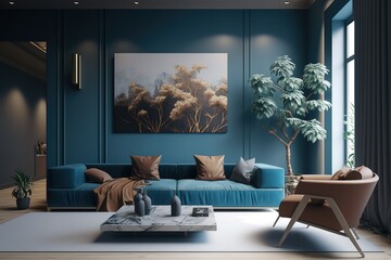 A modern living room, in a minimalist millenium crib, high ceiling and filled with warm blue and khaki colour as the wall blend in with the design of the furniture