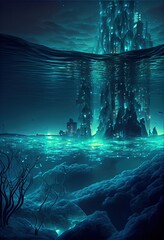 Generative AI illustration of bio luminescent city under water