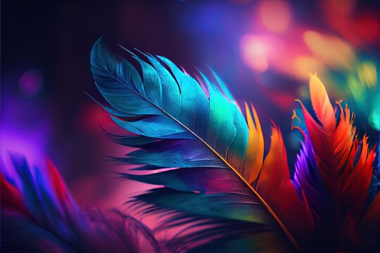 Generative AI illustration of beautiful colorful background of firebird feathers. Abstract background, blurred bokeh, feather.