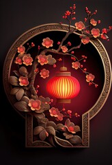 Generative AI illustration of Chinese traditional red festival background with a chinese red plum blossom, lantern, spring festival, new year, chinese traditional culture element