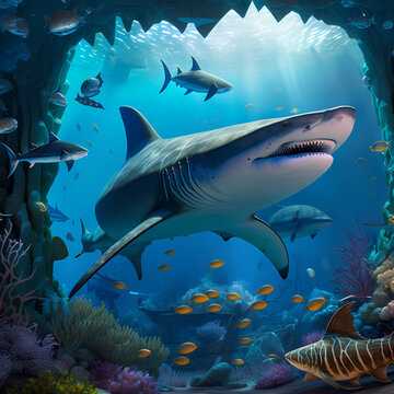 Shark at Big Giant Aquarium. Generative AI