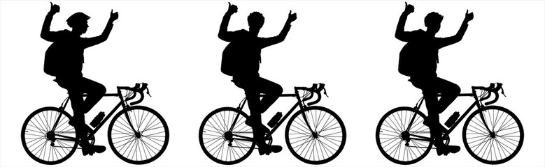 Winner in a cycling race. A cyclist shows the "like" gesture with both hands. A guy in a protective sports helmet with a bag behind his back, riding a bicycle. Side view. Black silhouette isolated