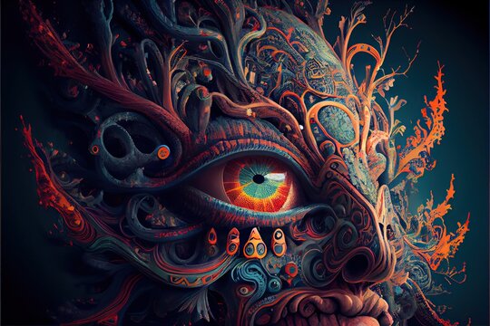 Generative AI illustration of higher, yoga relax chill out dmt visions spirit. 7 colored chakras meditation DMT hallucinations. Multiverse connected through a nervous system - trippy psychedelic