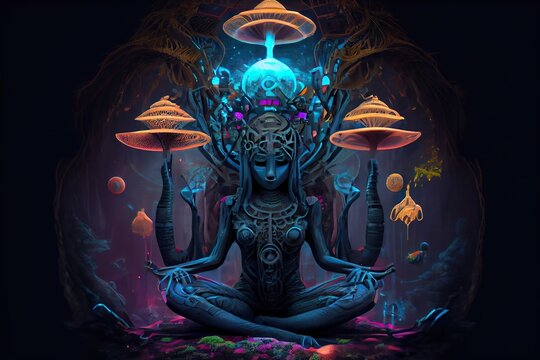 Generative AI illustration of higher, yoga relax chill out dmt visions spirit. 7 colored chakras meditation DMT hallucinations. Multiverse connected through a nervous system - trippy psychedelic