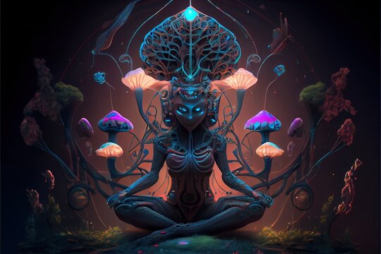 Generative AI illustration of higher, yoga relax chill out dmt visions spirit. 7 colored chakras meditation DMT hallucinations. Multiverse connected through a nervous system - trippy psychedelic