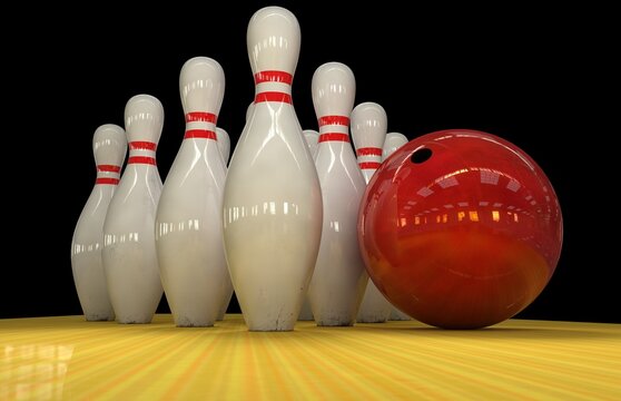 A group of bowling pins stands near a bowling ball on a lane 3D render