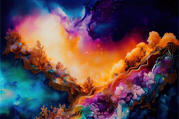 Obraz na płótnie Canvas Generative AI illustration of Fusion between Pointillism and Alcohol ink painting, Vibrant, Glowing, A storm Approaching, metallic ink, ethereal, Wallpaper