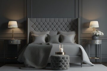 Fototapeta na wymiar Classic grey bedroom interior with grey buttoned bed and luxury lamps and a stool