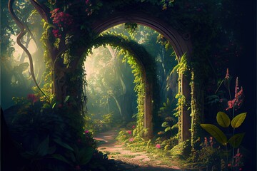 Naklejka premium Generative AI illustration of unreal fantasy landscape with trees and flowers. Sunlight, shadows, creepers and an arch. Garden of Eden, exotic fairytale fantasy forest, Green oasis.