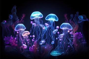 Generative AI illustration of Glowing sea jellyfishes on dark background, light, magic, sea