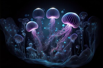 Generative AI illustration of Glowing sea jellyfishes on dark background, light, magic, sea