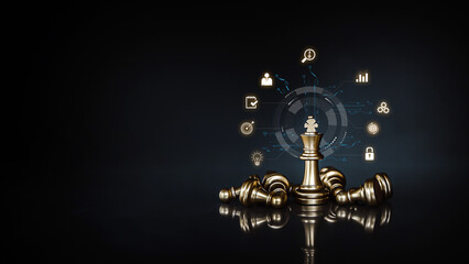 King chess pieces on falling chess with graphic icons concepts of leadership or wining to challenge...