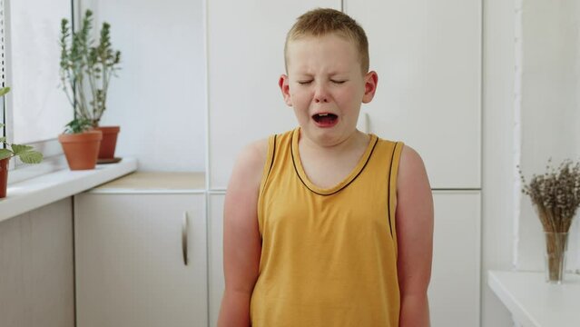 Overweight caucasian boy in hysterics cries, screams, is indignant, twitches his hands in displeasure. Stressed child is standing in yellow tank top with reddened skin on his hands.