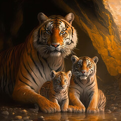 Obraz premium Tiger and young bengal tiger cub. Generative AI