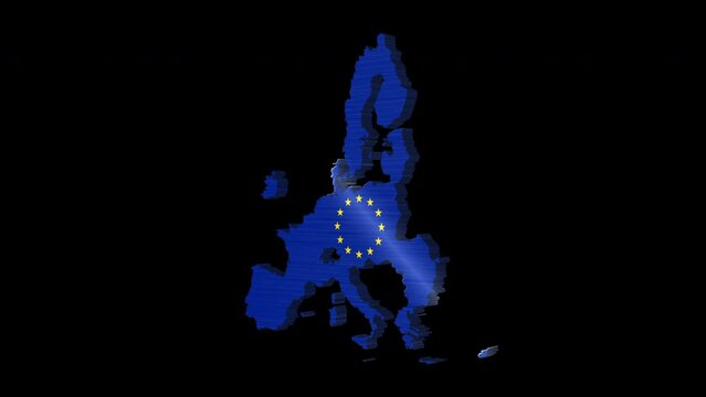 3D animation of European Union map rotating, isolated by alpha channel (transparent background). European Union concept.Eu flag. Travel to European Union.Seamless loop in full 4K resolution