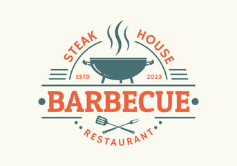 Barbeque logo or icon. BBQ label. Grill bar, restaurant, steak house vintage badge design with grill fork and spatula. Vector illustration.