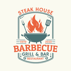 Barbeque logo or icon. BBQ label. Grill bar, restaurant, steak house vintage badge design with fire flame, grill fork and spatula. Vector illustration.