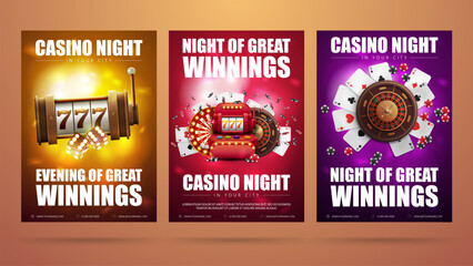 Collection of invitation posters with casino elements. Posters with slot machine, roulette wheel, playing cards, wheel of fortune and poker chips