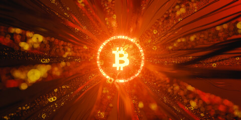 3D rendering of bright orange glowing bitcoin