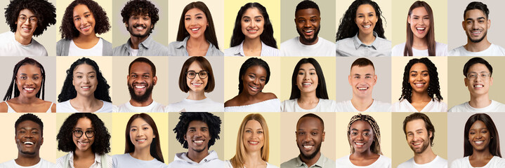 Collage With Happy Multicultural Men And Woman Posing Over Light Pastel Backgrounds