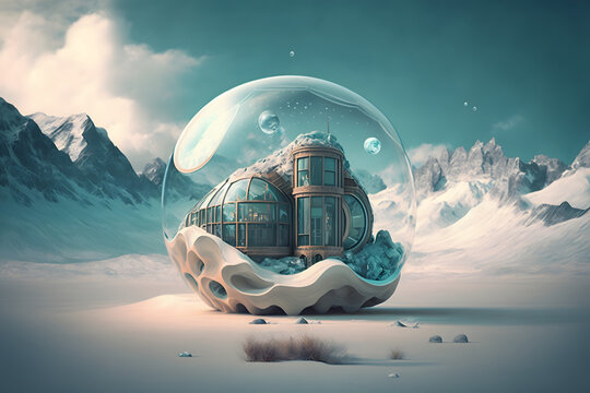 A house under a dome in the mountains, very cold, made with Generative AI