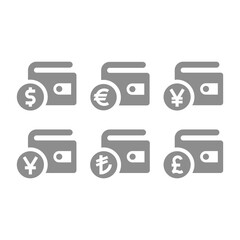 Wallet and currency coin vector icon set. Dollar, euro, British pound currencies icons.