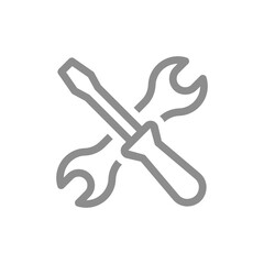 Wrench and screwdriver crossed line vector icon. Spanner, settings outline symbol.