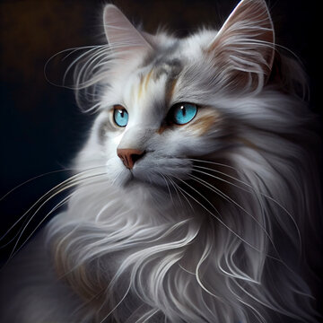 A painting of a cat with long whiskers and a black background Generative ai