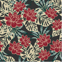 Modern seamless tropical pattern with bright flowers and plants on a dark green background.  Trendy summer Hawaii print. Seamless exotic pattern with tropical plants. Hawaiian style.