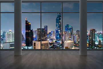 Empty room Interior Skyscrapers View Bangkok. Downtown City Skyline Buildings from High Rise Window. Beautiful Expensive Real Estate overlooking. Night time. 3d rendering.