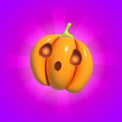 Halloween Realistic 3d Orange Pumpkin with scared face. 3d rendered object. Design element isolated on purple background.