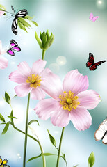 Beautiful flowers and butterflys watercolor wallpaper. AI generated illustration