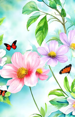 Beautiful flowers and butterflys watercolor wallpaper. AI generated illustration