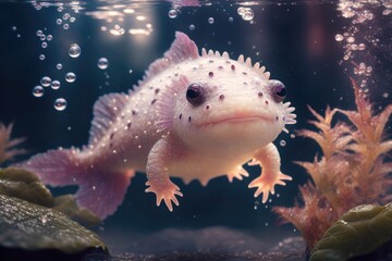 Fototapeta na wymiar An Adorable Axolotl swims next to Bubbles in the Water Generative AI