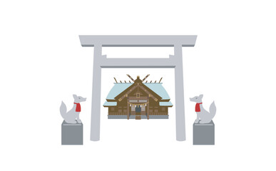 神明鳥居と本殿ときつねのイラスト