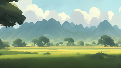 Beautiful Mountains and Farmlands Scenery Detailed Hand Drawn Painting Illustration