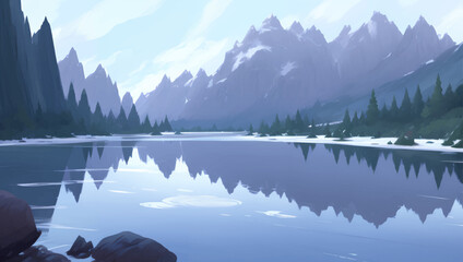 Naklejka premium Beautiful Lake Surrounded by Snowy Mountains and Hills Scenery Detailed Hand Drawn Painting Illustration