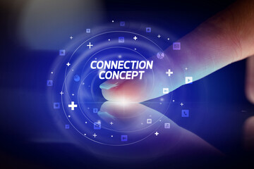 Finger touching tablet with social media icons concept