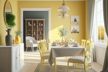 Fototapeta na wymiar Stylish chair at the wooden dining table in trendy dining room interior, Interior Design 3d Illustration Created by Generative AI