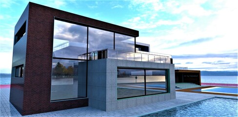 Stunning design of the contemporary house constructed on the island not far from Oslo. The swimming pool with warm water and much space for fishing.