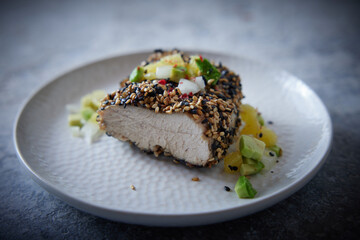 Delicious homemade roasted turkey breast on plate