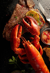 Image of Yummy lobster placed on meat with herbs printed on Printed Glass Splashbacks