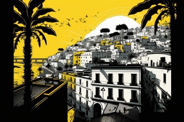 Naples Travel Illustration, Italian Tourism Concept, Skylines, Landmarks, Naples Silhouette Graphic Art