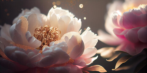 Panoramic Pastel Pink peony petals in spring garden, close up. banner. AI Generated