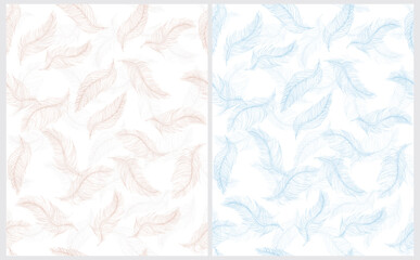 Hand Drawn Delicate Flying Feathers Vector Pattern. Pastel Pink and Light Blue Feathers on a White Background.on a White Background. Delicate Pastel Color Sketched Feathers. 