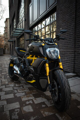 Obraz na płótnie Canvas a sporty black and yellow motorcycle is street